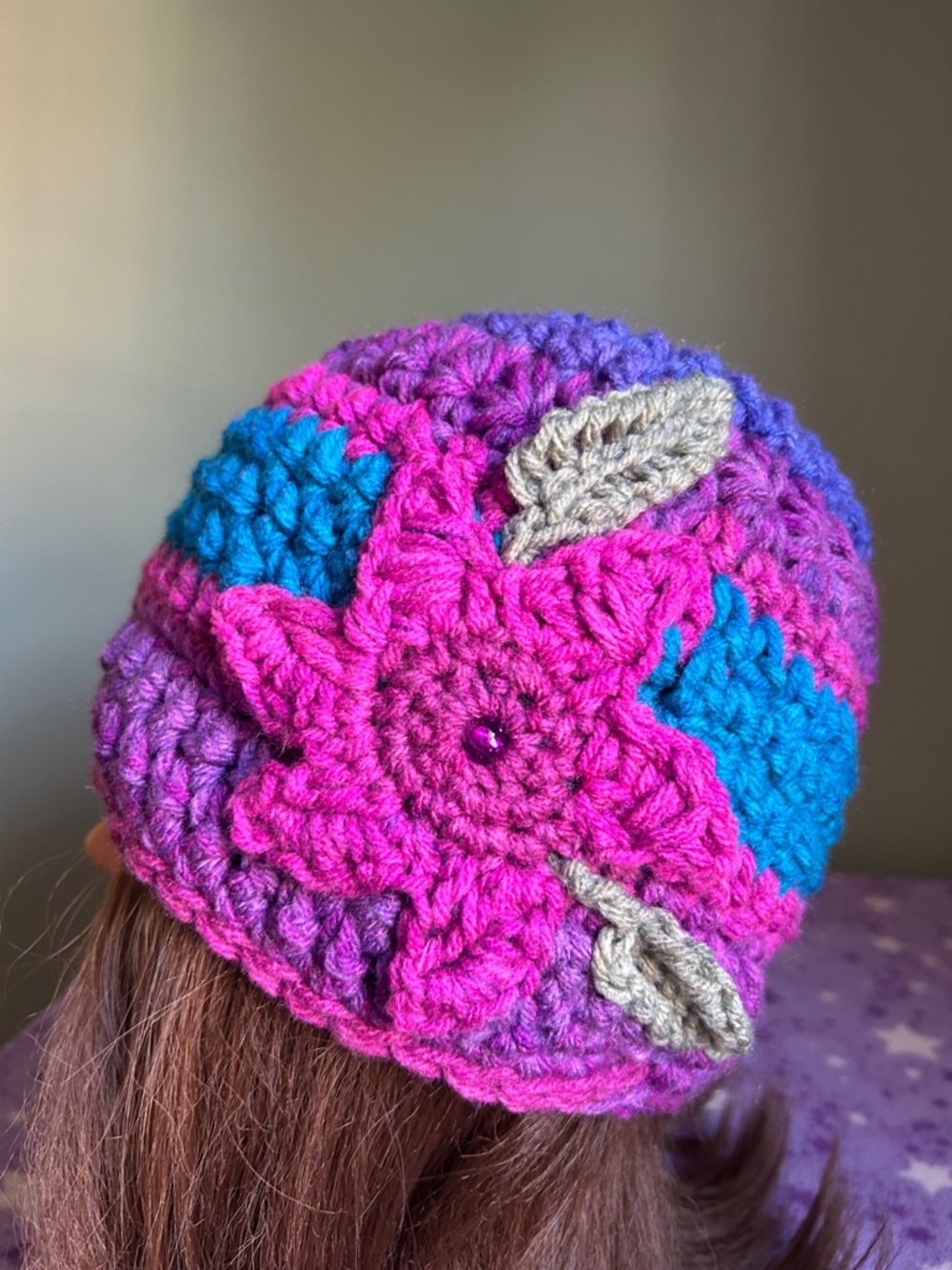 Handmade Crocheted fuchsia Floral Beanie Hat medium acrylic